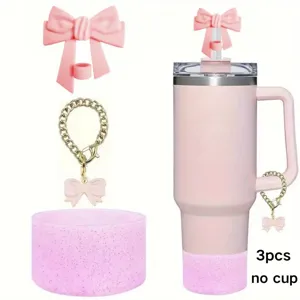 Rosa Schleife Becher Zubehör Set mit Strohhalm Topper Kette Anhänger und Silikonboden.