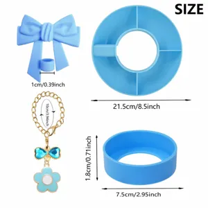 Portable blue silicone snack bowl and straw cover set with cute bow pendant for cup accessories.