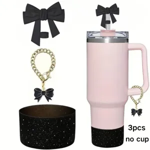 Schwarze Schleife Becher Zuebehoer Set 3tlg Strohhalm Aufsatz Kette Becherhuelle ohne Tasse