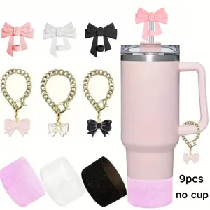 Tumbler Zubehör Set 9 Stk Silikon Boot Schleife Strohhalm Topper Kette Charms rosa weiß
