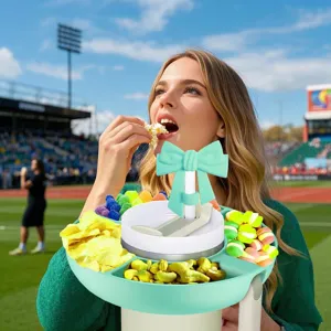 Portable tumbler snack bowl with bow straw cover, multi-compartment food container tray.
