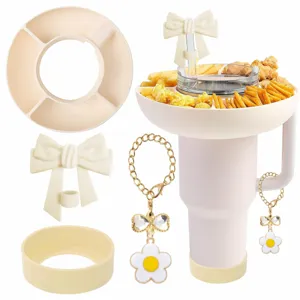 Snack bowl for 40oz tumbler with bow straw cover and cute chain pendants, beige portable.