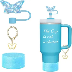Glitzernde Schmetterling Strohhalm Topper und Kette Set mit Silikon Becher Schutzhülle.
