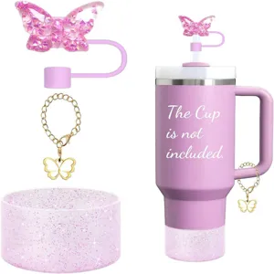 Rosa Schmetterling Strohhalm Topper und Tassen Boden Zubehör Set, süße Becher Dekoration.