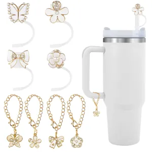 Rhinestone enamel straw cover and cute cup chain charm set for tumbler DIY decoration.