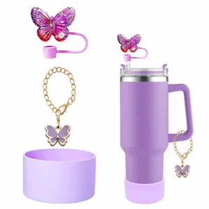 Lila edler Thermobecher Set mit Schmetterling Strohhalm Abdeckung und Kette Anhänger.