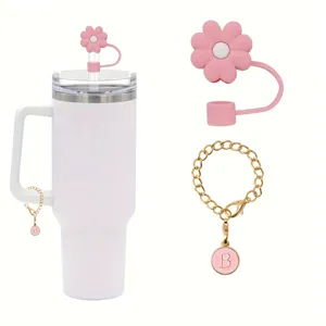 Copertura per Cannucce in Silicone e Set di Ciondoli con Catena e Lettera Simpatica Fiore Cannucce Topper Tazza Accessori