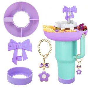 40oz tumbler snack tray set with bow straw topper and cup chain pendant for portable use