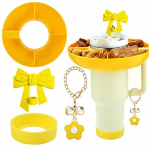 Detailed view of 40oz tumbler snack tray set, bow straw topper, and cute chain pendants.