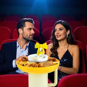 Portable snack bowl for tumbler with bow straw cover and cup chain, ideal for movie cinema.