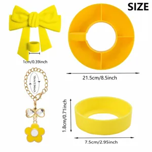 Detailed size chart for Stanley 40oz tumbler accessories in bright yellow, including snack bowl.