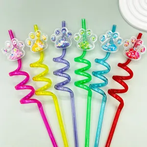 Colorful plastic spiral drinking straws with cute glitter liquid paw decoration for kids party.