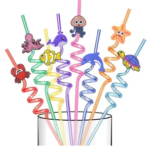 Colorful ocean animal crazy loop plastic drinking straws set for kids birthday party fun.
