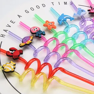 Colorful curly drinking straws featuring cute ocean animal silicone charms for kids party.