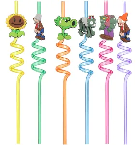 Creative curly plastic straws with cute cartoon character toppers, colorful party drinkware.