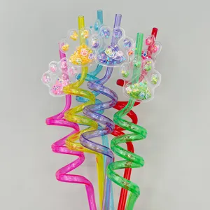 Colorful glitter liquid paw party straws, reusable PET curly drinking straws for kids birthday decoration.