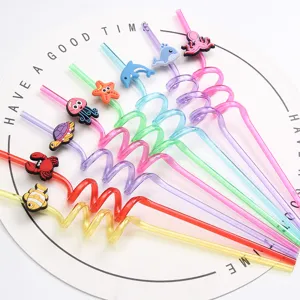 Colorful plastic crazy spiral drinking straws with cute ocean animal silicone toppers for party.