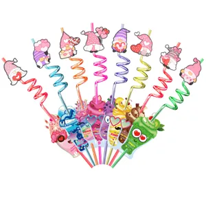 Valentine day reusable crazy drinking straws set with cute gnome and cup designs party gifts