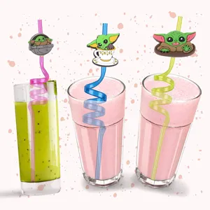 Creative spiral PET drinking straws with cute cartoon silicone toppers for parties.