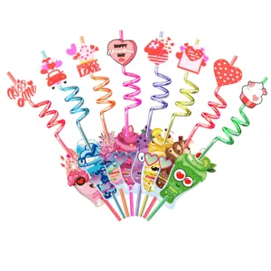 Valentine's Day reusable crazy loop drinking straws set with cute cartoon toppers for kids party.