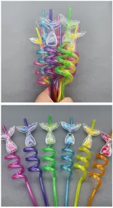 Mermaid glitter spiral drinking straws for kids party decorations and bar use details.