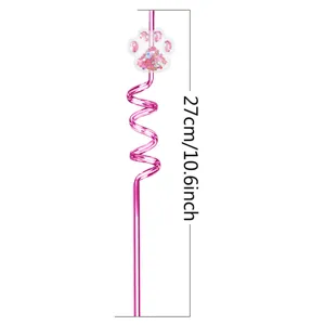 Pink glitter paw spiral drinking straw for kids birthday party, 27cm reusable PET straw.