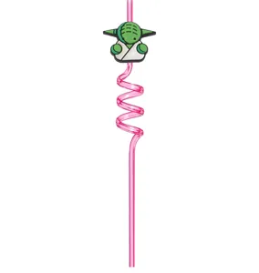 Pink creative spiral plastic drinking straw with cute alien baby character topper for parties.