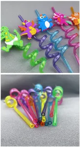 Cute cartoon dinosaur plastic curly drinking straws for kids birthday party and daily use.