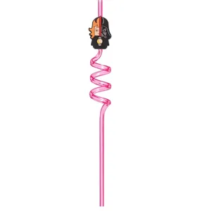 Cute pink PET swirl straw with cartoon character charm, creative curly drinking straw for parties.