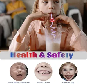 PET creative spiral straw with cute polka dot bow decoration, flexible drinking straw for kids.