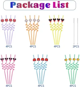 Detailed view of creative spiral party straws set with cartoon character decorations and brushes.