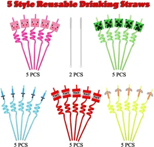 Reusable plastic drinking straws set with 5 game themed designs and cleaning brushes
