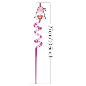 Valentine's day reusable spiral drinking straw with cute pink gnome heart decor 27cm/10.6inch