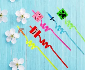 Creative pixel style spiral drinking straws detail view with cute game character decorations.