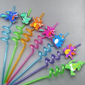 Kids Cartoon Dinosaur Plastic Straws Cute Spiral Bendable Drinking Straws For Party Beverage Accessories