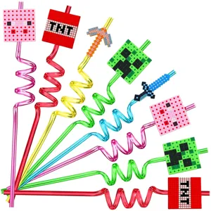 Minecraft theme spiral drinking straws, colorful plastic flexible party straws detail view.