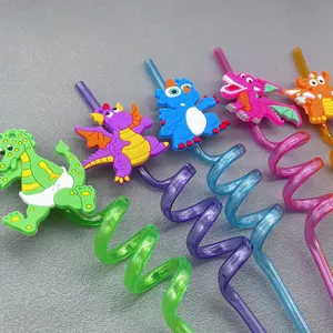 Cute cartoon dinosaur baby plastic spiral drinking straws for kids party and daily drink use.