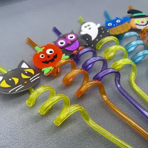 Halloween party decorative spiral plastic drinking straws with cute cartoon toppers for kids.