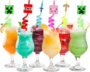 Creative PET spiral drinking straws with fun pixel game character charms for party drinks.