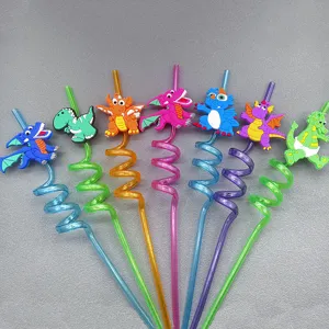 Colorful cartoon dinosaur curly plastic drinking straws set for kids party and daily juice use.