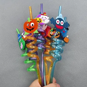 Halloween party decorative plastic spiral drinking straws with cute cartoon ghost toppers.