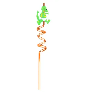 Cute cartoon dinosaur spiral plastic drinking straw for kids party and beverage decoration.