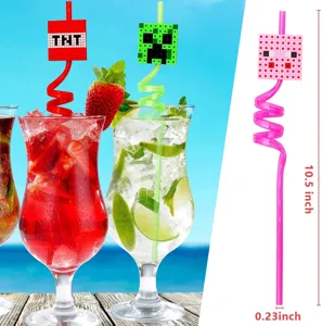 Creative PET curly drinking straw with pixel game theme topper, perfect for party drinks.