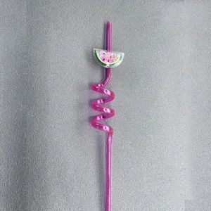 Creative pink spiral plastic drinking straw with cute watermelon sequin for party kids