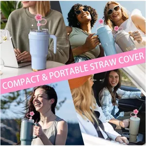 Cute 10mm silicone cherry blossom straw cover detail and usage scene in daily life.