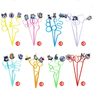 Cute cat themed crazy drinking straws set with colorful cartoon charms and funny loops.