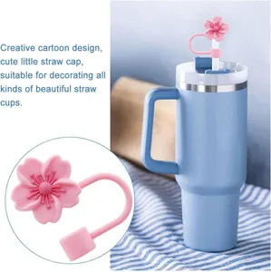 Cute cherry blossom silicone straw cover for 10mm straws, dustproof reusable cup topper.