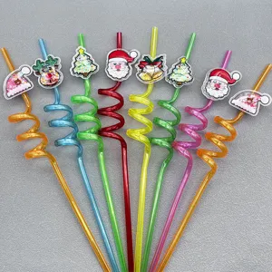Colorful Christmas spiral drinking straws with glitter cartoon charms for festive party decor.