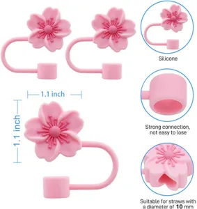 Cute pink cherry blossom silicone straw cover, 10mm reusable straw cap and dust plug set.