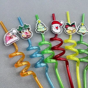 Christmas curly drinking straws with glitter shaker charms, ideal for holiday party decoration.